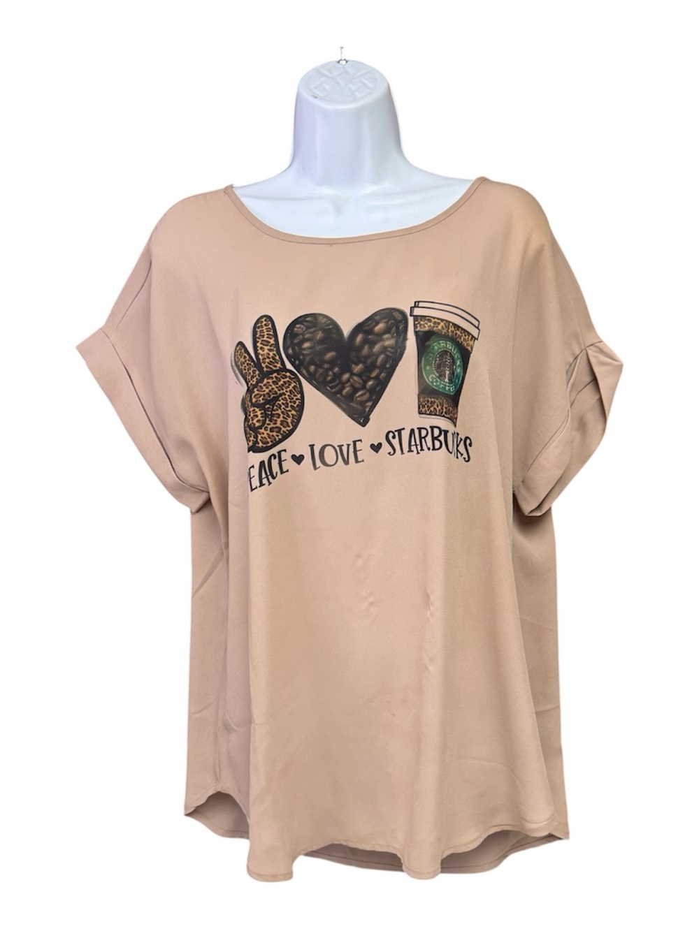 Peace Love Starbucks Taupe Graphic Tee no size but would fit a large no stretch